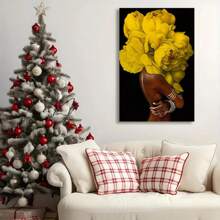 1pc Framed African American Wall Art Yellow Flower On Women Head Vintage Canvas Art Painting Black Art Wall Decor Abstract Woman Flower Paintings Wall Art Decor Modern Abstract Girl Picture Home Wall Decor For Bedroom Living Room - 黃色 - 查看 5