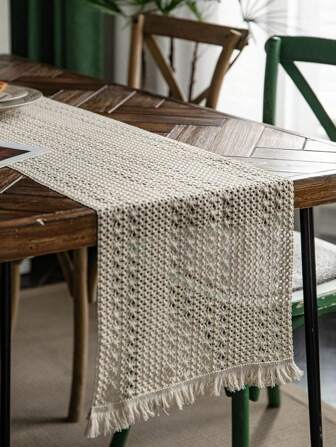 花边桌垫，奶油色米色棕色波西米亚风桌垫，带流苏，手工编织乡村风桌垫，适用于厨房餐厅家居装饰