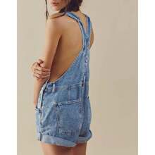 Overalls Shorts Denim Bib Straps Shorts Casual Solid Color Rompers Jumpsuits With Pockets Pants - 藍色 - 查看 2