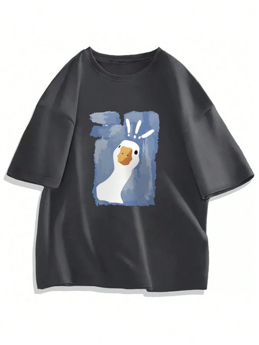 2025 男士鸭子印花圆领短袖休闲T恤，夏季 - 深灰色 - 查看 1