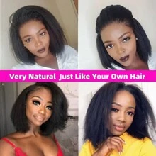 卷曲直发短鲍勃假发 4x4 蕾丝前假发 人发巴西雷米透明蕾丝前假发 女士 Yaki 直发预拔蕾丝闭合假发 - 黑色 - 查看 8