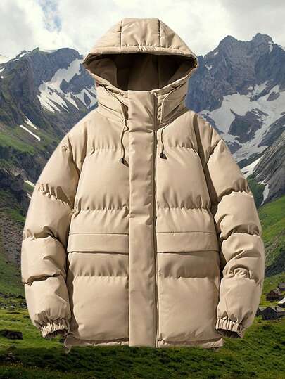 Abrigo acolchado con capucha y bolsillos de unicolor para hombre, adecuado para atuendos de otoño/invierno