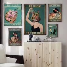 1pc Wall Arts Posters Vintage Decorative Board Wall Retro Images Canvas Painting Kindness Losing Reason Find Your Soul Yoga Poster Retro Home Decoration Optional Frame ,Wall Art With Frame - Multicolor - View 3
