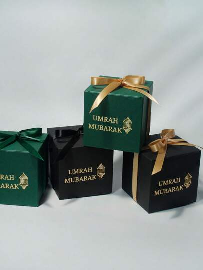 5pcs Elegant Umrah Mubarak Mini Gift Boxes Stylish Favor Boxes In Green And Black With Gold Foil Text And Chic Ribbons. Perfect For Storing Candies, Chocolates, And Small Gifts. Ideal For Umrah Celebrations, Religious Occasions, And Thoughtful Surprises. Packaging For Memorable Moments