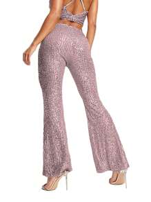 Womens Spring Autumn Slim Flared Pants High Waist Elastic Band Sequins Bell-Bottom Pants - Pink - View 4