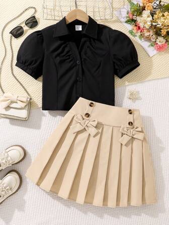 2 件套 青少年女孩纯色 Polo 领衬衫和百褶裙，夏季
