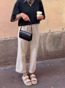 Women's Y2k Plaid Pants Gingham High Waisted Drawstring Wide Leg Pants With Pockets Soft Comfy Baggy Pants Casual Going Out Pants Loose Trousers - 卡其色 - 查看 4