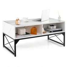 High-Gloss LED Coffee Table W/ Faux Marble & Tempered Glass Top 4 Storage Cubes