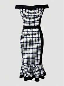 ChicMe Houndstooth Print Off Shoulder Bodycon Dress Ruffle Hem Vintage Slim Fit Midi Dress Summer Elegant - Black and White - View 4