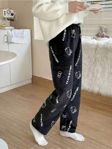 Sanrio Pantalones de pijama de franela Hello Kitty acogedores - Suaves, cálidos, glutinosos y cómodos para damas y caballeros - Ropa casual de otoño e invierno para el hogar, pantalones versátiles para salir, de vacaciones
