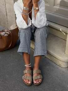 Women Y2K Plaid Pants Summer Casual Drawstring High Waist Straight Leg Trousers Gingham Lounge Pants Streetwear - 黑色 - 查看 4