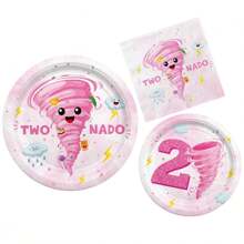 Juego de vajilla de 24 piezas/72 piezas con diseño de Tornado rosa, TWO NADO con nube, clima, oso de peluche, patito, relámpago, tormenta, apto para cumpleaños de 2 años, niñas, platos desechables de papel de 9 pulgadas y 7 pulgadas, vacaciones, fiesta, set de vajilla decorativa - Multicolor - Ver 8