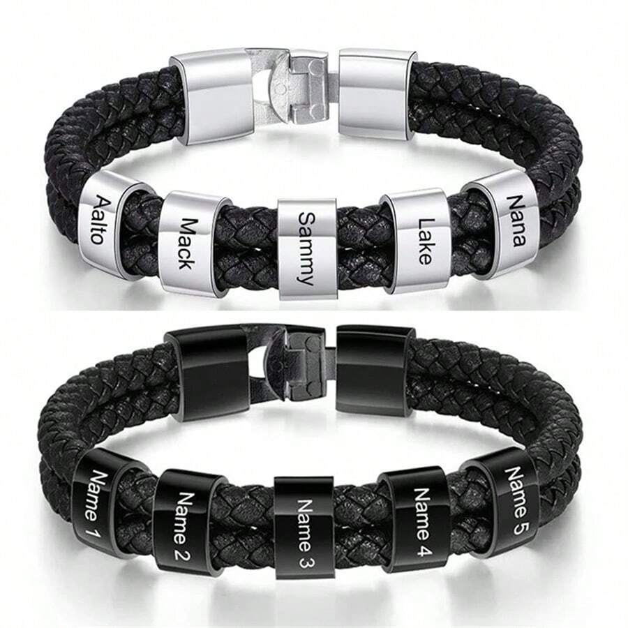 Personalized Fathers Bracelet Family Custom Names Engraved Men Braided Leather Bracelets For Men Dad Gifts For Him Husband,Silver,Black,Stylish,Colorful,Vintage,Simple,Unisex,Casual,Cuties,Custom,Personalized,Unique,Ideal Gifts For Him,Ideal Gifts For Her,Her,Boyfriend,Girlfriend,Dad,Mom,Family,Friends,For Anniversaries,For Birthdays,For Graduation,For Prom,For Party,Jewelry,Jewelry,School Supplies,Back To School,For Office,For School,For Classroom,For Teacher Gifts,For University,For Colleague,For Dorm Rooms,For Teacher,For Boys And Girls,For Teenagers,Junior High School Students,Middle School Students,High School Senior High School Students,College Students,University Students,Freshman,Sophomore,Underclassmen - Multicolor - View 1