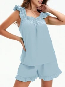 Women Summer 2Pcs Clothes Sets Sleeveless Backless Sling Vest + Solid Color Ruffle Fly Trim Shorts Outfit Loungewear - Blue - View 9