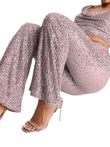 Womens Spring Autumn Slim Flared Pants High Waist Elastic Band Sequins Bell-Bottom Pants - Pink - View 3