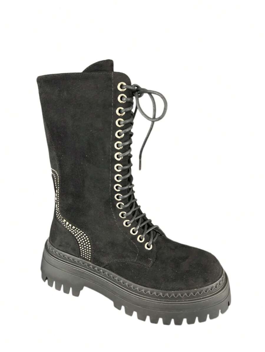 Damen Stiefel mit Strass-Verzierung, modisch bis zur Wadenmitte, geeignet für den täglichen Gebrauch - Schwarz - Übersicht 1