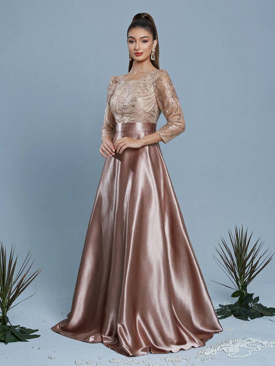 Migay New Elegant Bridesmaid Dress, Embroidered Sequin 3/4 Sleeve Maxi Dress, Party Dress, Wedding Guest Dress, Formal Dress, Evening Gown, Maxi Dress Spring - 金色 - 查看 1