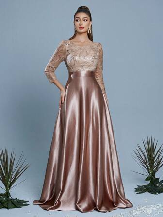 Mgiacy New Arrival Round Neck Elegant Bridesmaid Dress Embroidery Sequin Three-Quarter Sleeve Long Dress, Party Dress, Wedding Guest Dress, Formal Dress, Evening Dress,Gown