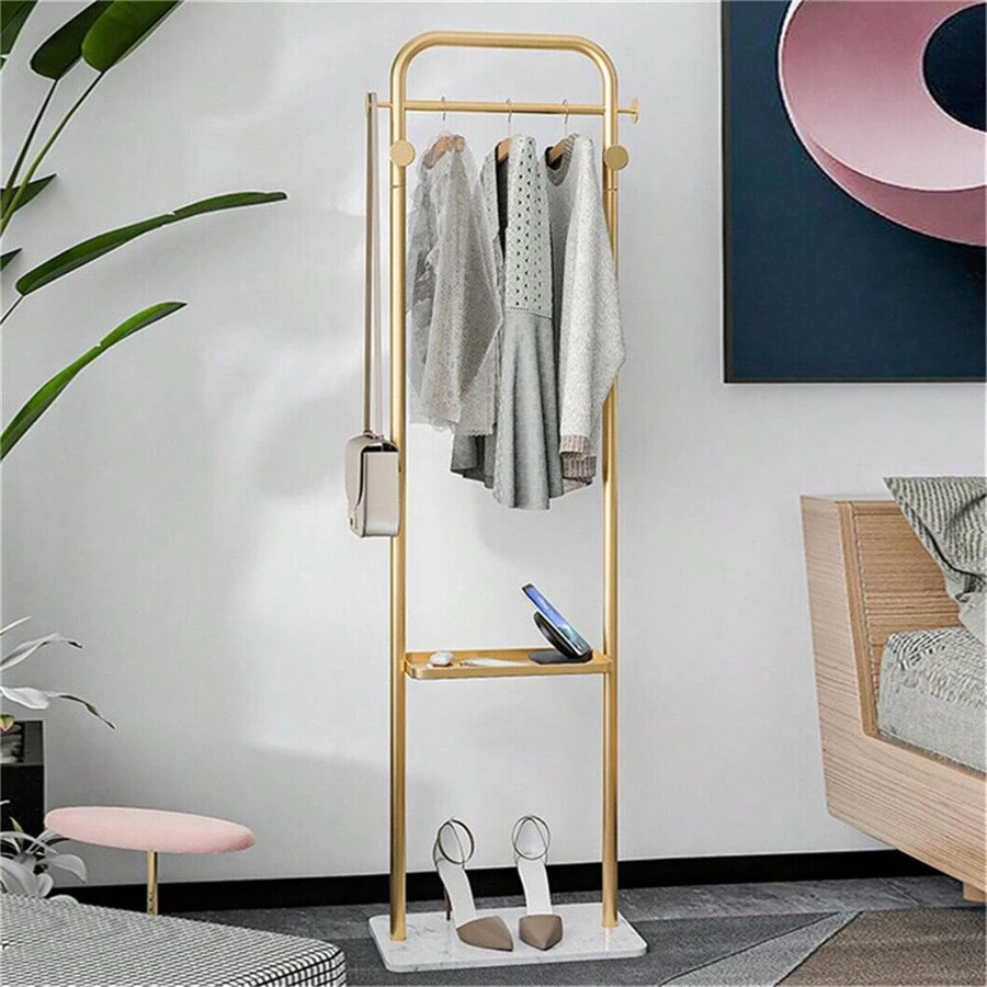 UNHO Modern Golden Clothes Racks With Shelves Standing Clothes Racks With Marble Base JJ-XY1234UK - Gold - View 1