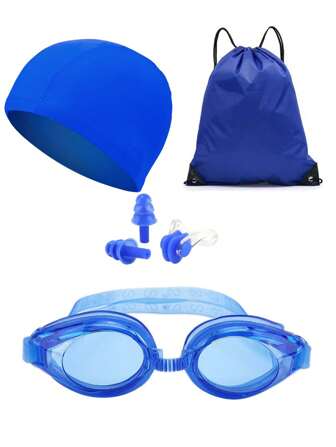 5 قطع قبعة سباحة صلبة ونظارات سباحة وكليب الأنف وسدادات الأذن وحقيبة تخزين، ضروريات الشاطئ، اكسسوارات الشاطئ، طفو حمام السباحة