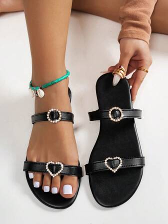 女士夏季新款法式水晶心形扣平底凉鞋，百搭黑色/棕色露趾一脚蹬拖鞋