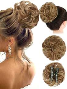 Chignon synthétique en désordre avec pince à cheveux. Rallonges de queue de cheval bouclée et ondulée. Accessoires pour chouchou et chignon pour femmes. Pièce de chignon en désordre synthétique avec pince à cheveux. Chignons ébouriffés, rallonges de cheveux bouclés et faux chignons pour femmes