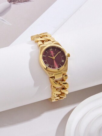 XIVIYA 1pc Women's Ancora Red Simple Twisted Curb Chain Adjustable Bracelet Watch, Quartz, Upscale Gift For Holiday