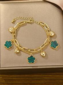 1pc Double Layer Four-Leaf Clover Heart Charm Bracelet