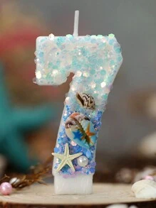 1 pieza Vela de cera con tema de océano en degradado azul con espiral de concha y números digitales del 0 al 9, decoración de tarta con tapa de concha y estrella de mar para cumpleaños