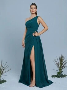 Mgiacy New Arrival One Shoulder Solid Color Bridesmaid Dress Ruched High Slit Chiffon Long Dress - Green - View 6