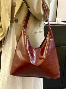 复古PU皮革单肩包/斜挎包/女士休闲手提包，适合通勤上班，时尚酒红色包包，复古风格女包，红色包包 - 酒紅色 - 查看 6