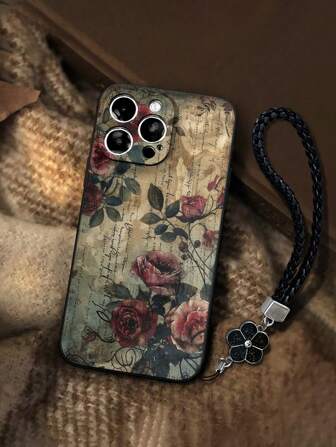 花朵手机壳 1 件复古报纸印花玫瑰图案加厚防摔手机壳，配手工编织肩带，适用于 iPhone 16/16Pro/16Plus/16ProMax、iPhone 15ProMax、iPhone 14、P13、P14、P11、P12、XS、XR、7/8、P7、P8、S2、A50、A12、A32、A52、A72、A51、A21S、A13、A14、S22 Ultra、S23、A33、A53、S20 FE、11 Youth、12 Pro、12/12X、Note 11、9A、9C、Poco X3 NFC、Redmi 10、9、Note 9、12C、Note 11 Pro、Redmi 10C、Note 8 Pro