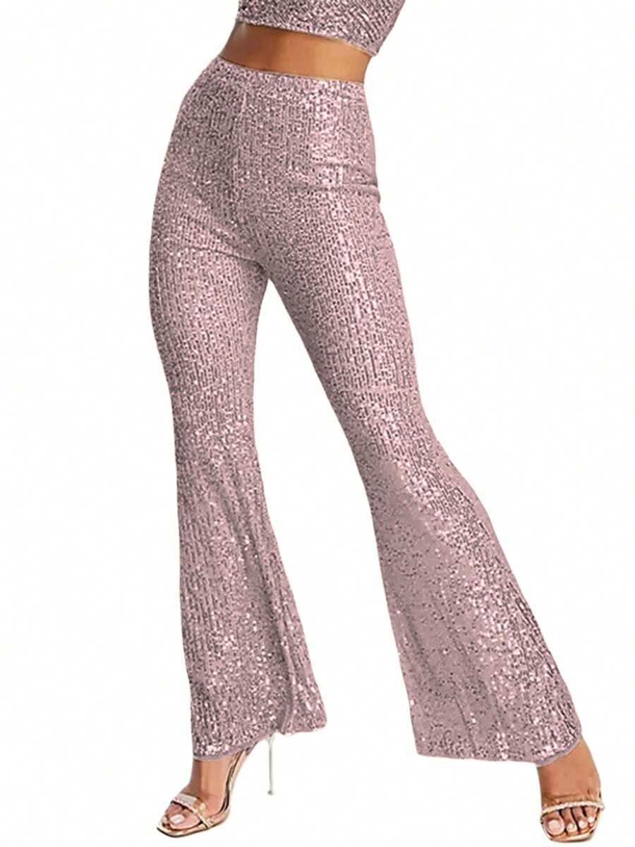 Womens Spring Autumn Slim Flared Pants High Waist Elastic Band Sequins Bell-Bottom Pants - Pink - View 1
