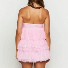 Women's Tube Top Dress Strapless Solid Color Ruffle Hem Mini Party Dress Slim Fit Tiered Dress - 粉色 - 查看 5