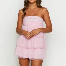 Women's Tube Top Dress Strapless Solid Color Ruffle Hem Mini Party Dress Slim Fit Tiered Dress - 粉色 - 查看 3