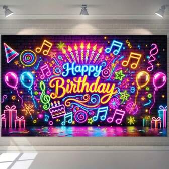 1 pieza Pancarta de fiesta de cumpleaños de música neón, efecto de luces de fibra de poliéster de colores para decoración de interiores y exteriores, jardín, hogar y celebraciones