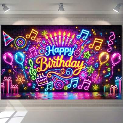 1 st neonmusik födelsedagsfest bakgrundsbanderoll, polyesterfiber färgglad ljuseffektdekoration för inomhus- och utomhusevenemang, trädgård, hem och trädgårdsfest