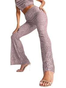 Womens Spring Autumn Slim Flared Pants High Waist Elastic Band Sequins Bell-Bottom Pants - Pink - View 2