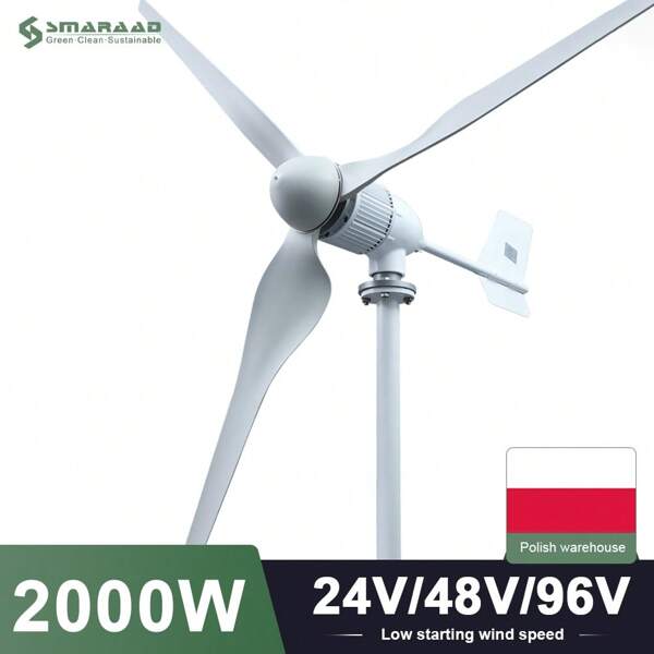 Smaraad Renewable SMARAAD Generatore Eolico ad Asse Orizzontale da 2KW, Kit Turbina Eolica 24V/48V/96V AC, Generatore Eolico da 2000W, 3 Pale in Fibra di Nylon, Regolazione Automatica per Patio, Nave, Camper, Chalet, Barca