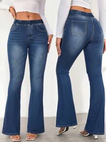 Quần jeans nữ kiểu Âu-Mỹ màu trơn, cạp trung, dáng ôm, lưng thun, ống loe, thích hợp mặc thường ngày, phong cách đường phố, mùa xuân. - Màu xanh lam - Xem 2