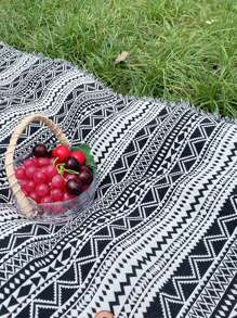 MeijiaMo 1 件针织几何图案野餐垫，波西米亚乡村风格户外地毯，适合户外露营、沙滩派对、四季 - 黑與白 - 查看 6