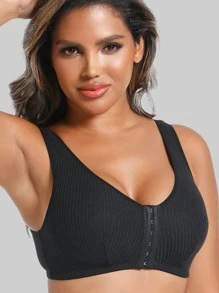 Women's Ribbed Front Clasp Fitness Bra, Sports Yoga Beautiful Back Underwear - Black - View 5