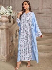 Geometric Print V-Neck Batwing Sleeve Patchwork Dress - Multicolor - View 4