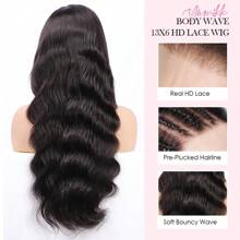 Natural Color  100% Raw Human Hair Beauty Full Density Thick Ends 13x6 HD Transparent  Lace Front Wigs Human Hair Pre Plucked With Baby Hair 250 Density Body Wave Frontal Wigs For Women Natural Black Color 24inch Wedding Party Christmas Mother's Day Valentine's Day Daily Use - Natural Black - Xem 6