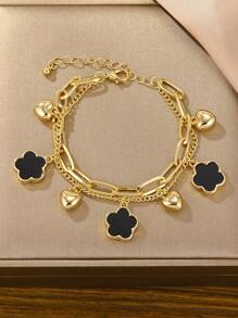 1pc Double Layer Four-Leaf Clover Heart Charm Bracelet