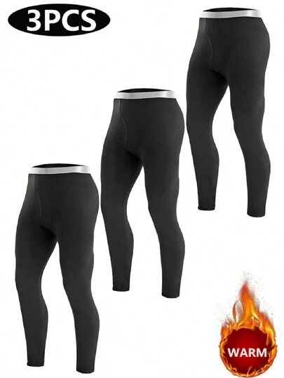 3pcs Men's Thin Thermal Underwear Set, Elastic Sports Fitted Leggings, Warm Long Pants For Autumn/Winter