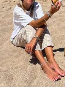 Women's Y2k Plaid Pants Gingham High Waisted Drawstring Wide Leg Pants With Pockets Soft Comfy Baggy Pants Casual Going Out Pants Loose Trousers - 卡其色 - 查看 5