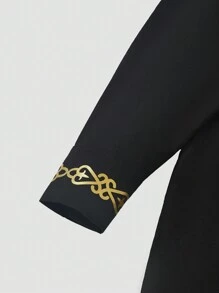 大码男士黑色 Dashiki 2 件套，金箔印花，松紧腰裤，长袖非洲服装，休闲衬衫和长裤套装，适合聚会、约会、日常穿着、文化活动，新品上市