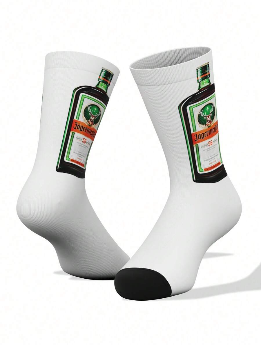 1双360度印花过膝袜，酒瓶和威士忌酒瓶印花，男女通用情侣袜，舒适街头嘻哈袜，弹性不勒腿，适合度假和休闲穿着