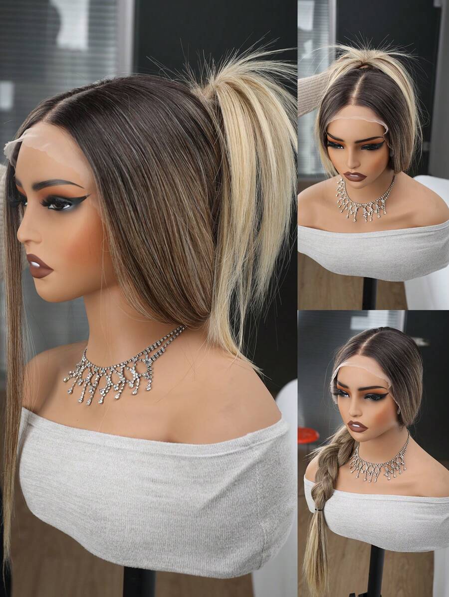 T-Part Synthetic Lace Front Wig,13x4 Synthetic Lace Wig Pre-Plucked Long Straight Wig For Ombre Brown Straight Hair Wigs 30inch Ready To Wear Wigs Beginner Friendly - Brown Highlight - View 1